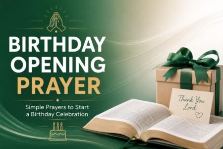 Birthday opening prayer with an open Bible, prayer hands, birthday cake, and gift