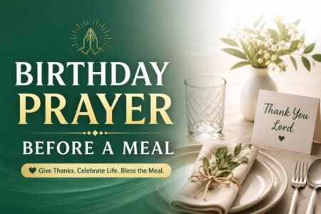 Birthday prayer before a meal with a prayer hands symbol and an elegant birthday meal table setting