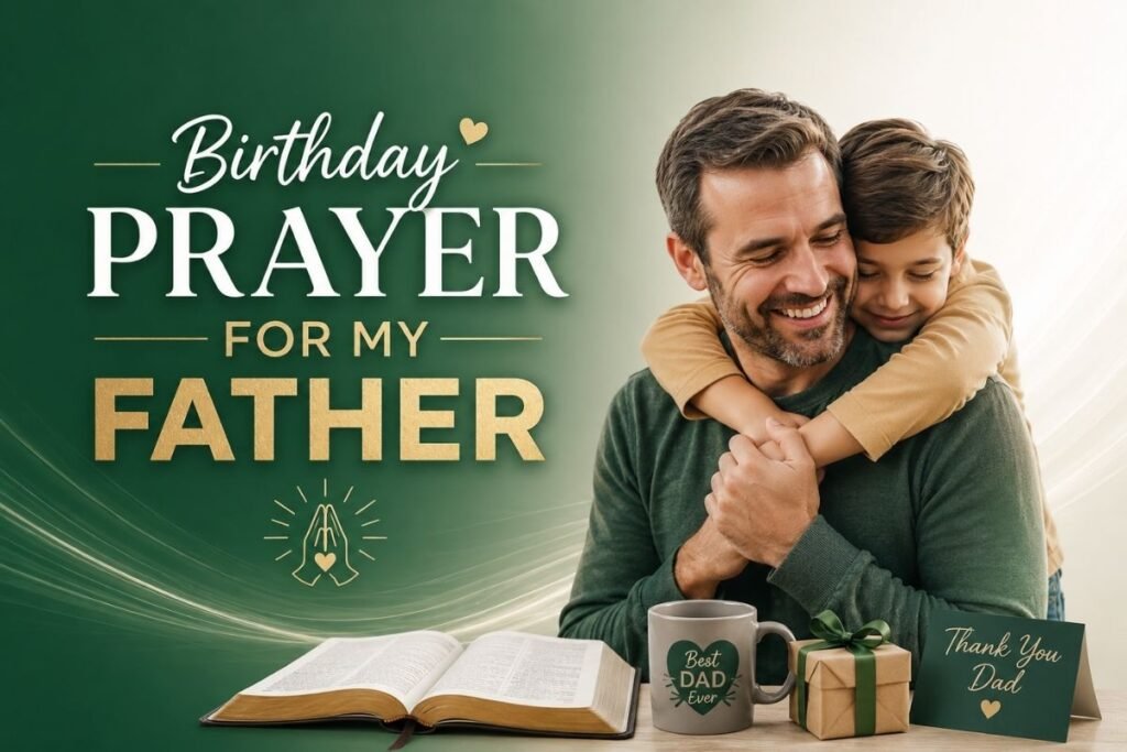 Birthday prayer for my father with a father and son sharing a loving moment beside an open Bible and birthday gift