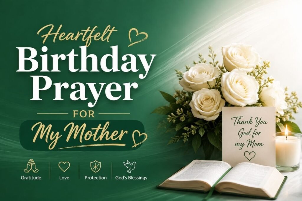 Heartfelt birthday prayer for my mother with white roses, an open Bible, candle, and message of gratitude