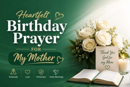 Heartfelt birthday prayer for my mother with white roses, an open Bible, candle, and message of gratitude