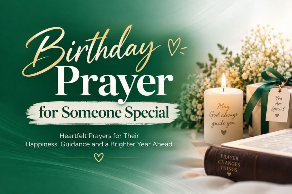 Birthday prayer for someone special with a candle, gift, flowers, and prayer book
