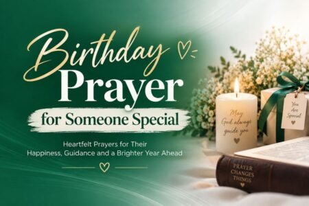 Birthday prayer for someone special with a candle, gift, flowers, and prayer book