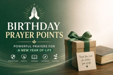 Birthday prayer points for a new year of life with praying hands, a birthday gift, and prayer themes for protection, health, wisdom, guidance, and purpose