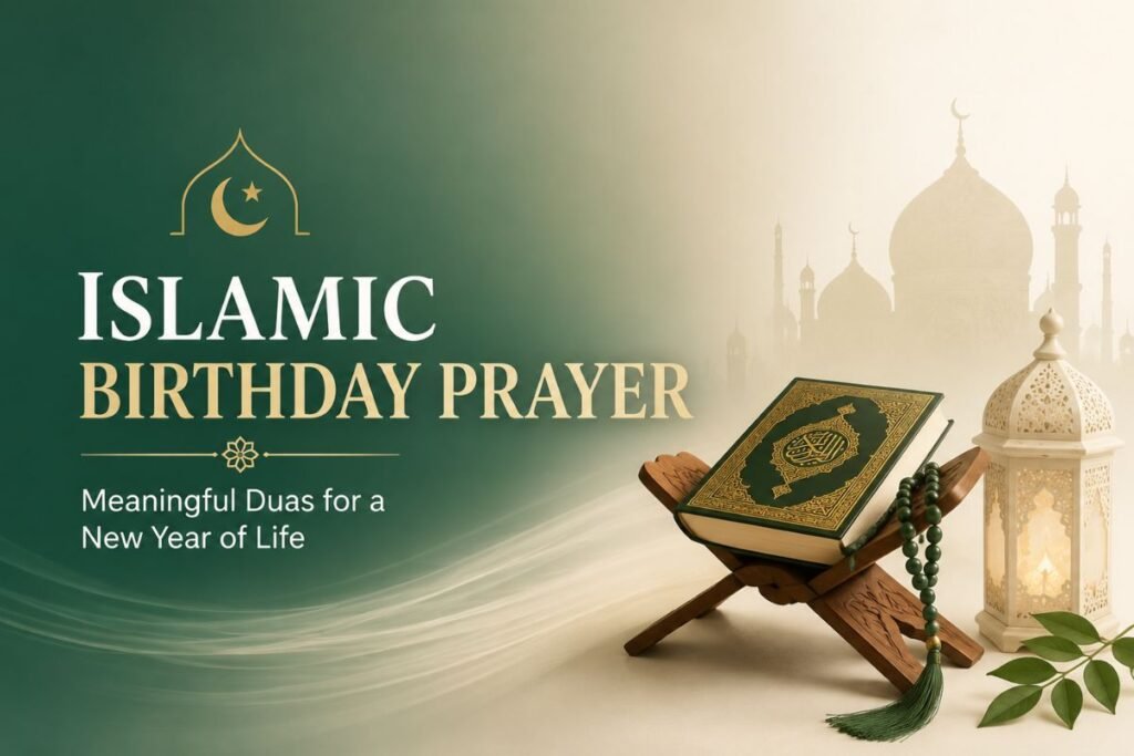 Birthday prayer points for a new year of life with praying hands, a birthday gift, and prayer themes for protection, health, wisdom, guidance, and purpose