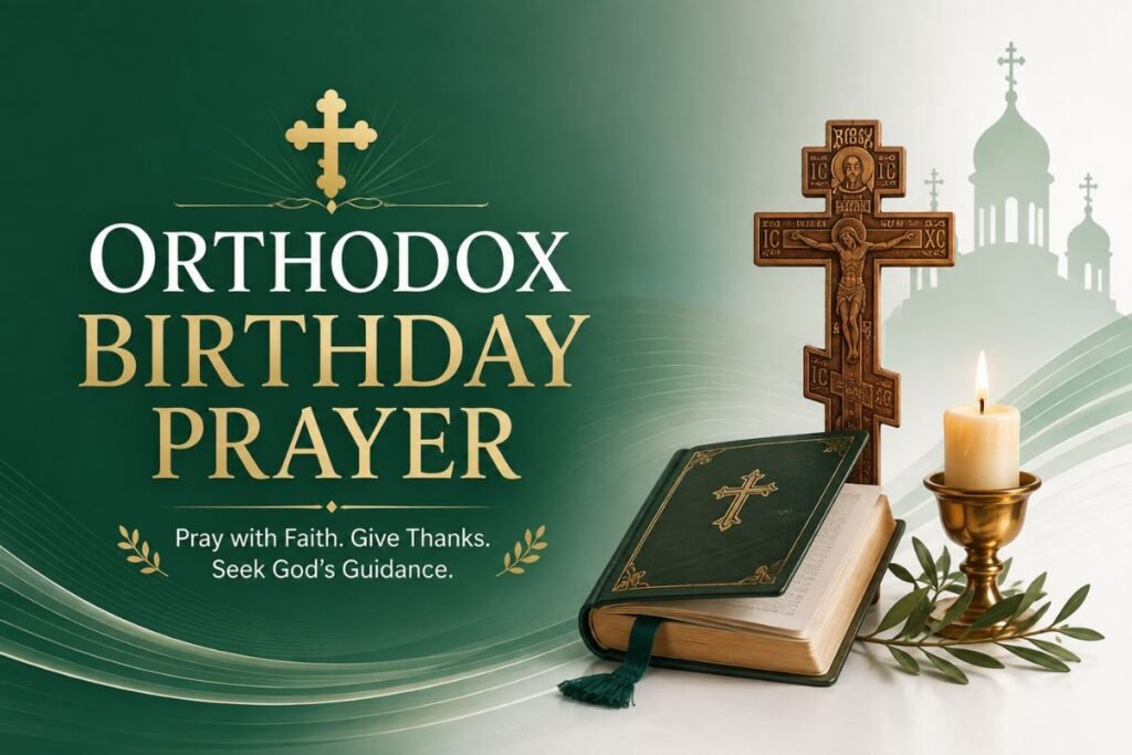 Orthodox birthday prayer with a cross, prayer book, and candle on a green background