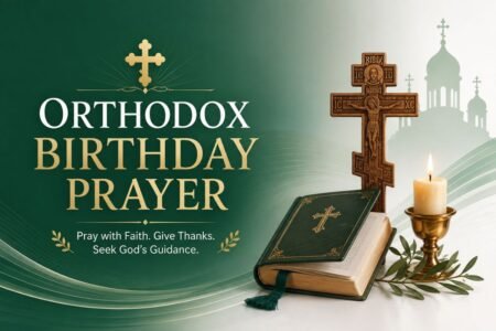 Orthodox birthday prayer with a cross, prayer book, and candle on a green background