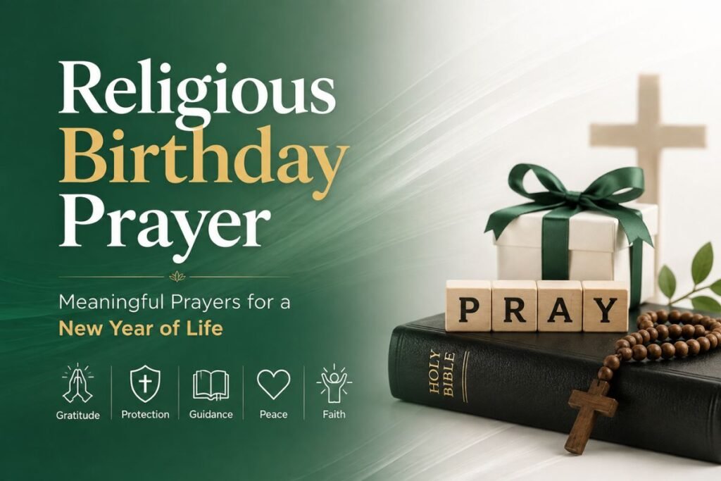 Religious birthday prayer with Bible, cross, prayer beads, and birthday gift