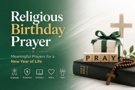 Religious birthday prayer with Bible, cross, prayer beads, and birthday gift