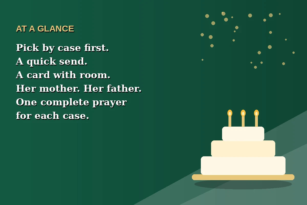Birthday prayer for a young woman at a glance, pick the prayer by case: a quick send, a card, her mother, her father, a friend, a need, or her own birthday, on a green background with a birthday cake.
