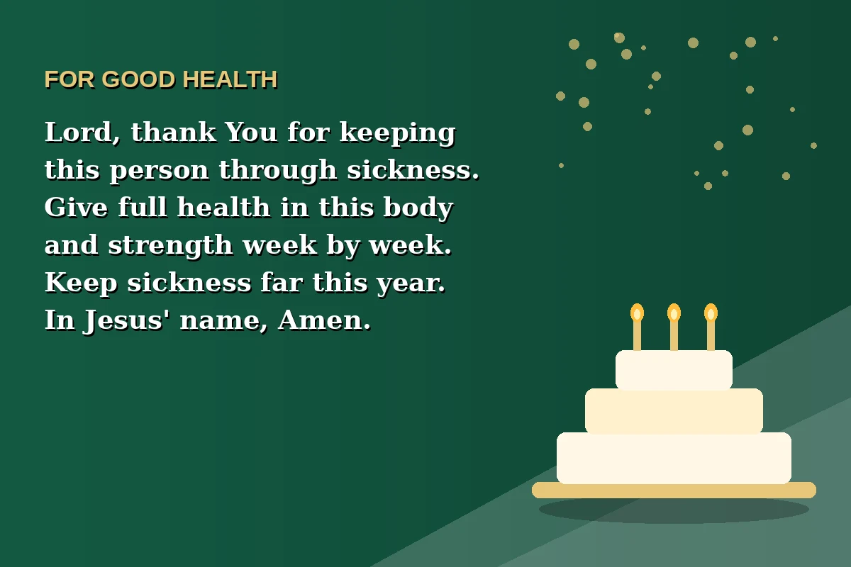 Birthday prayer image for good health with a prayer for full health and strength after a year of sickness.