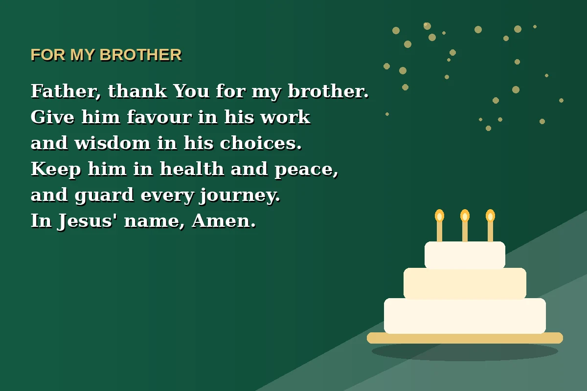 Birthday prayer image for my brother with a prayer for favour in his work, wisdom, health, and safe journeys.
