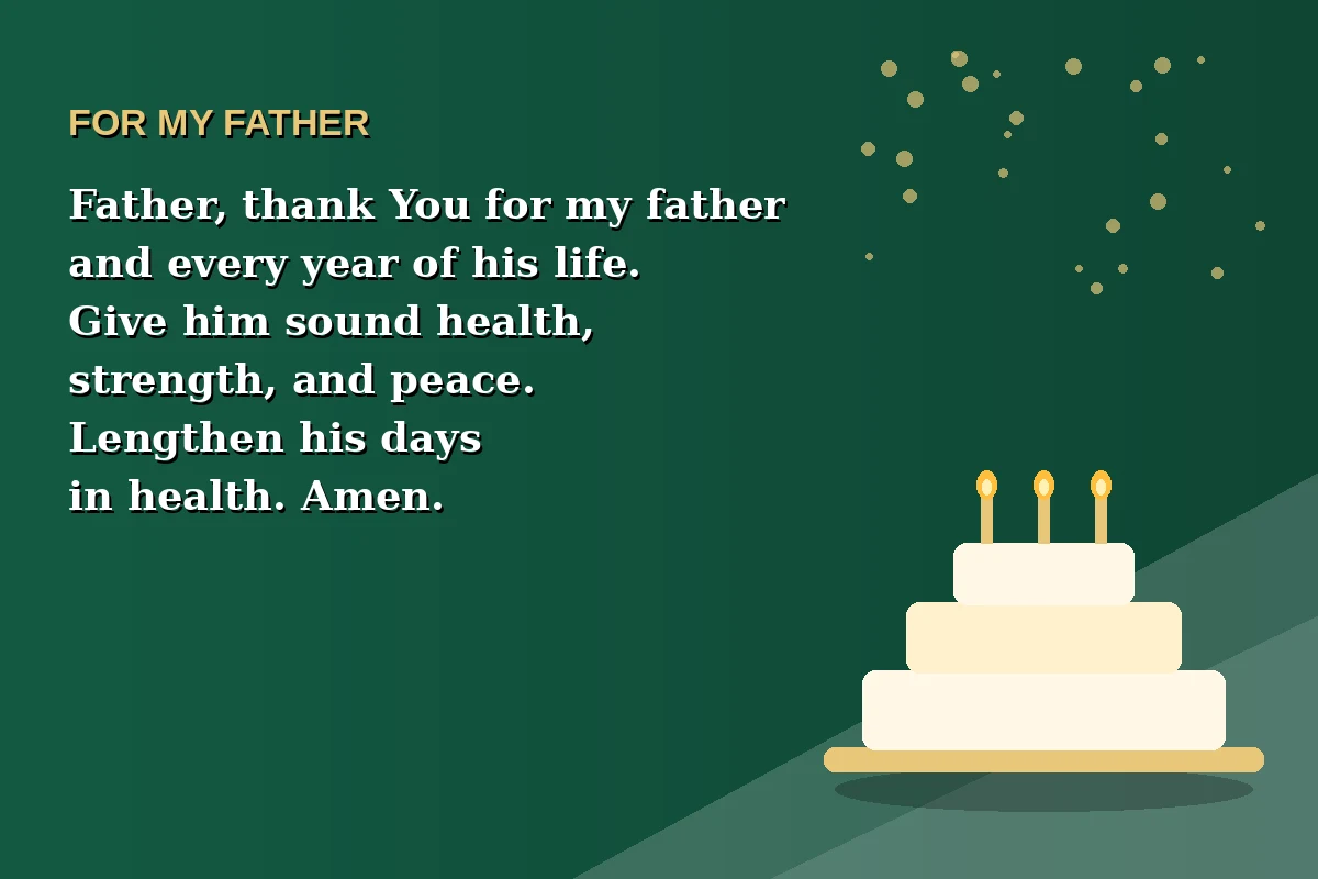 Birthday prayer image for my father with a prayer for his health, strength, peace, and long life.