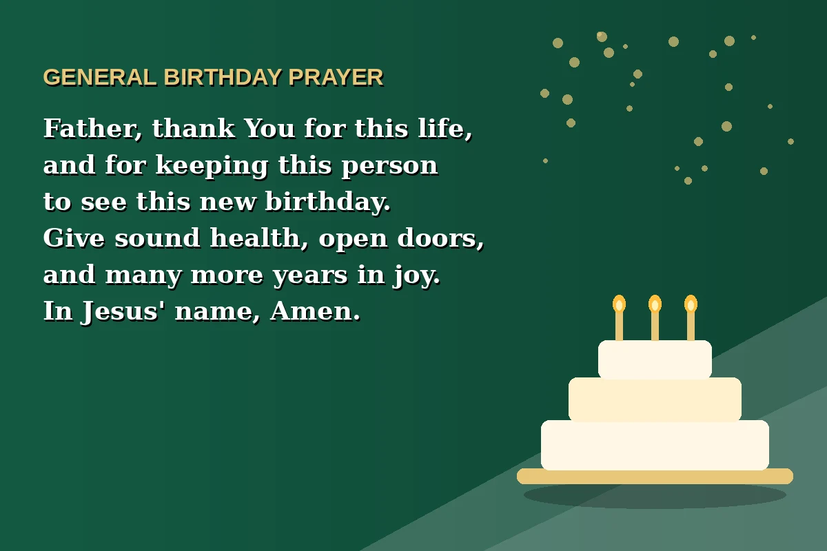 General birthday prayer image with a full birthday prayer for any celebrant, thanking God for life and asking for health, favour, and long life.