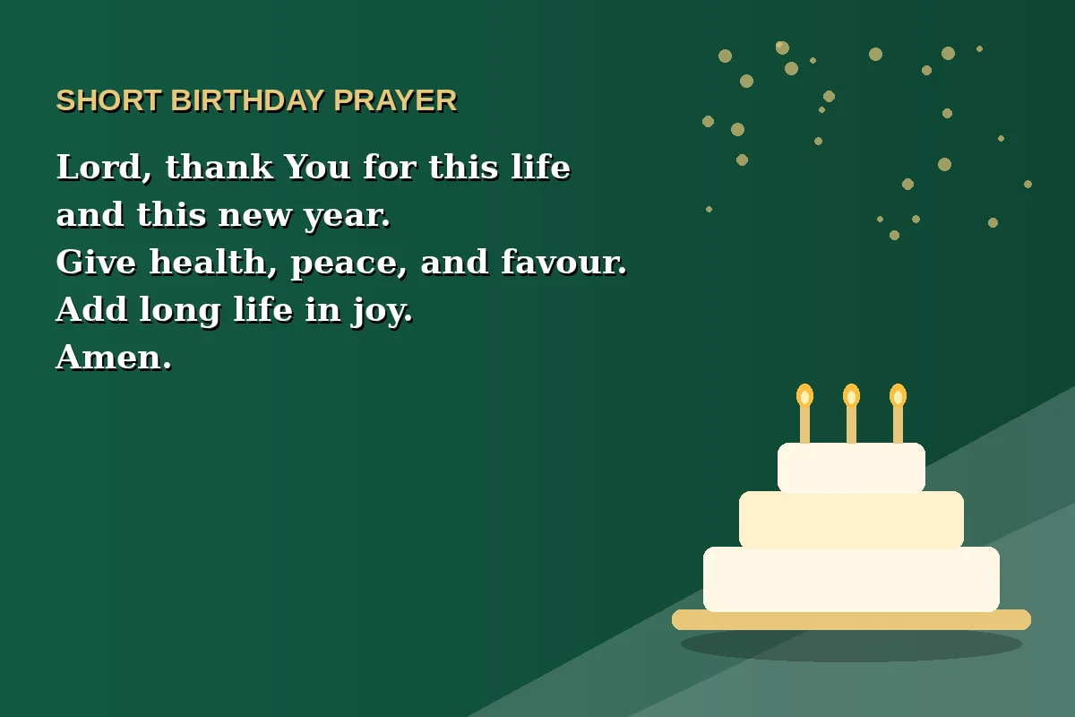 Short birthday prayer image with a 3 line prayer of thanks, health, peace, favour, and long life.